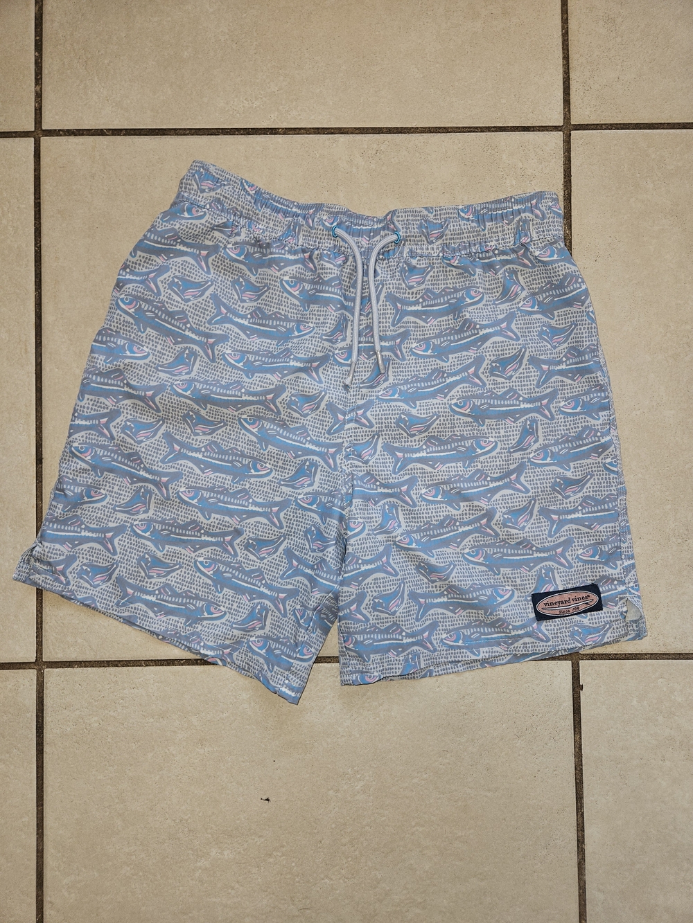 Vineyard Vines Blue Shark-Print Kids Swim Trunks